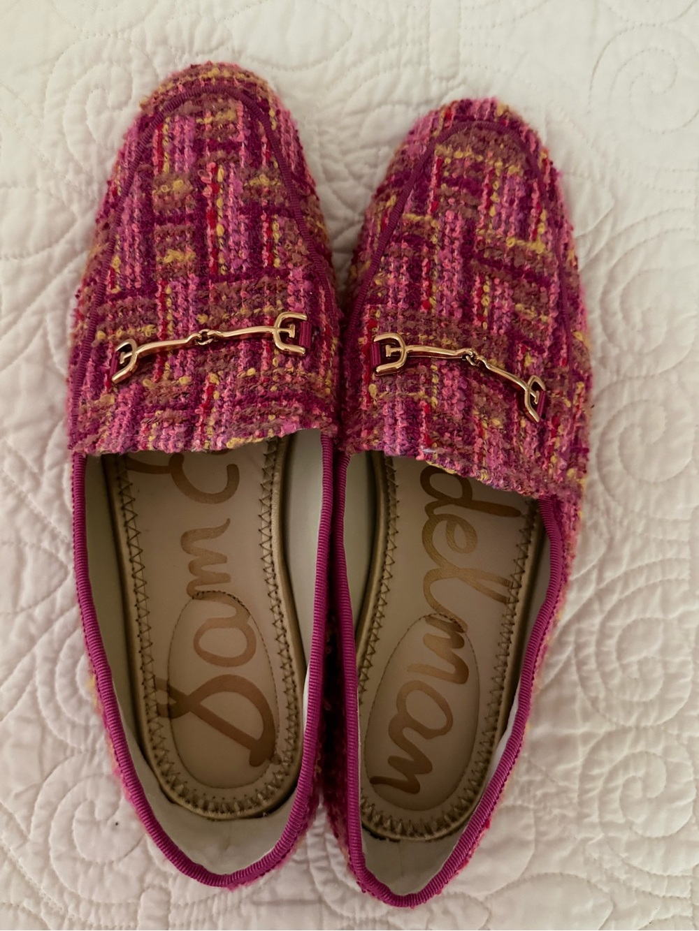 Sam Edelman Pink Tweed Loafers with Gold Bit